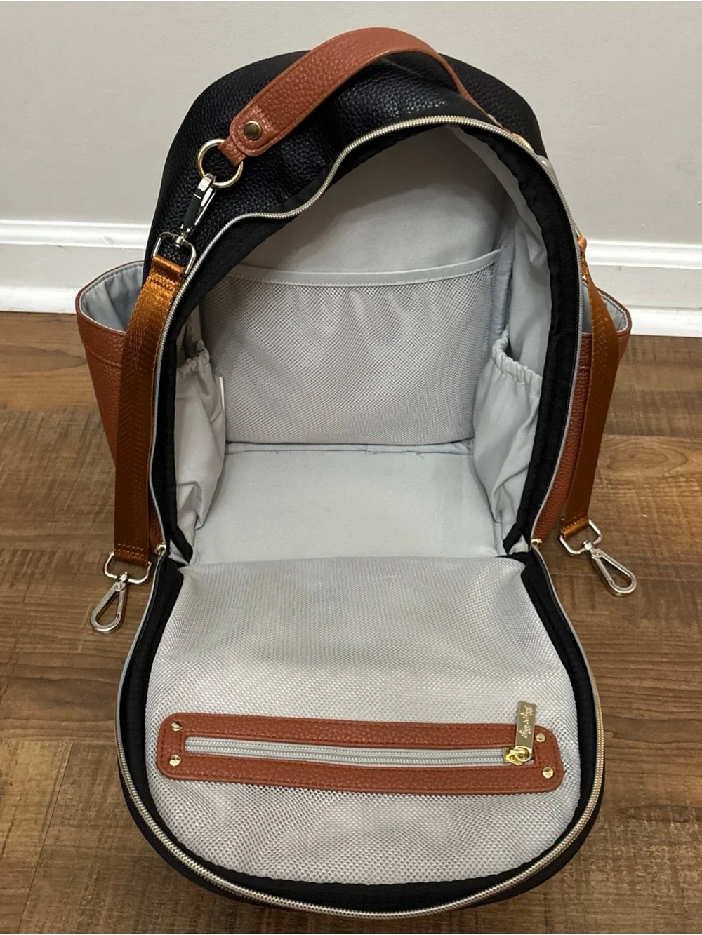Itzy Ritzy Black, White & Brown Herringbone Accent Mini bag diaper bag backpack